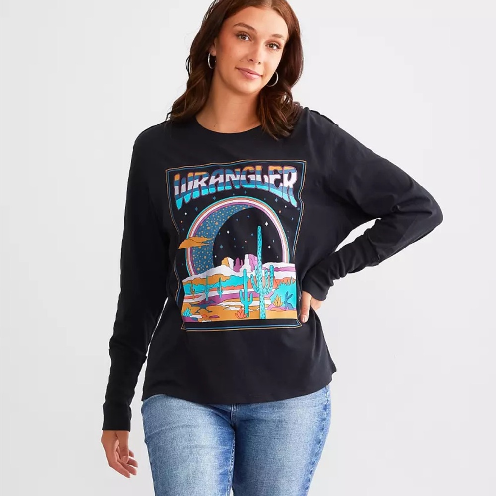 Wrangler Black Long Sleeve Graphic Tee with Multicolor Desert Print